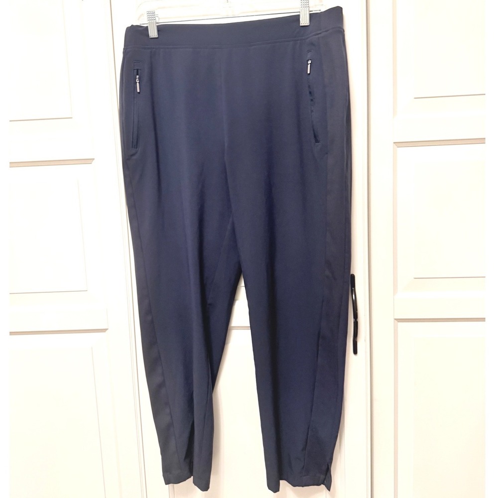 Chicos Zenergy Navy Blue Ribbed Side Panel Ankle Pants 1.5R US 10R Zip Pockets - Picture 2 of 9